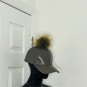 Faux Leather hat with Fur Ball Top